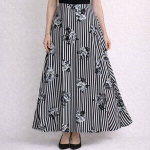 JM Fleurette Black, White, Gray Floral Striped A-Line Maxi Skirt Women's Large